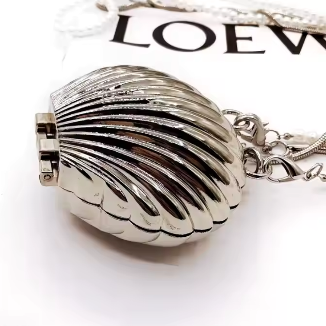 Silver Conch Shell Evening Clutch - Pearl Chain Wedding Purse