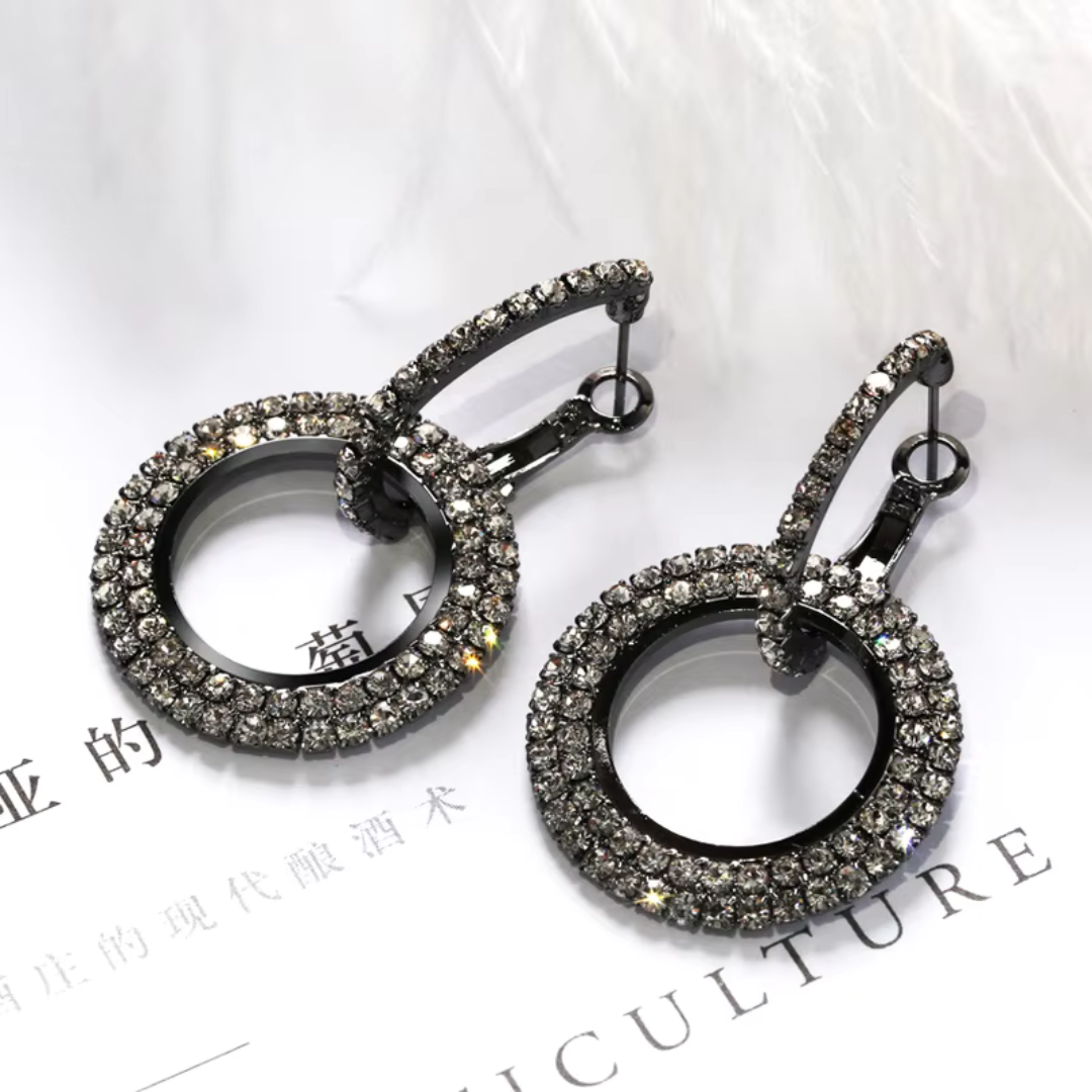 Black Double Hoop Zircon Earrings - Modern Glam Sparkle