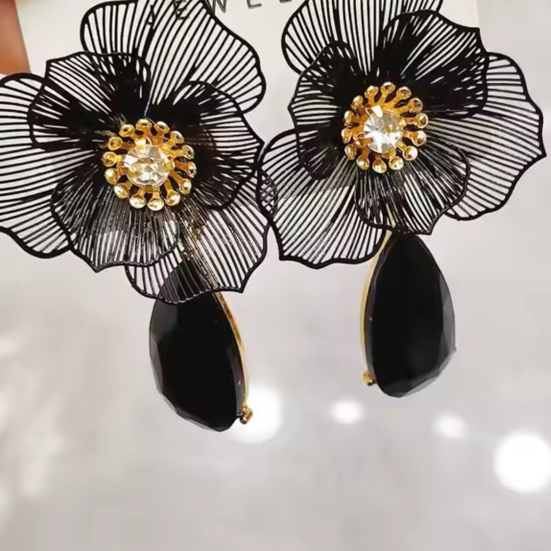 Floral Crystal Statement Drop Earrings - Boho Glam Sparkle