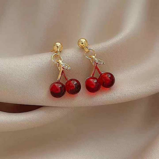 Cherry Fruit Drop Earrings - Playful Red & Gold Dangle