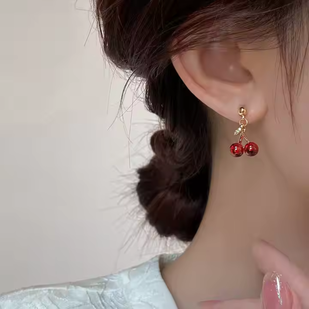 Cherry Fruit Drop Earrings - Playful Red & Gold Dangle