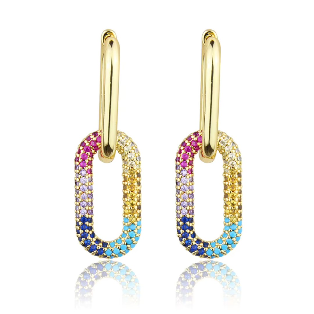 Colorful Zircon Link Hoop Earrings - Trendy Geometric Charm