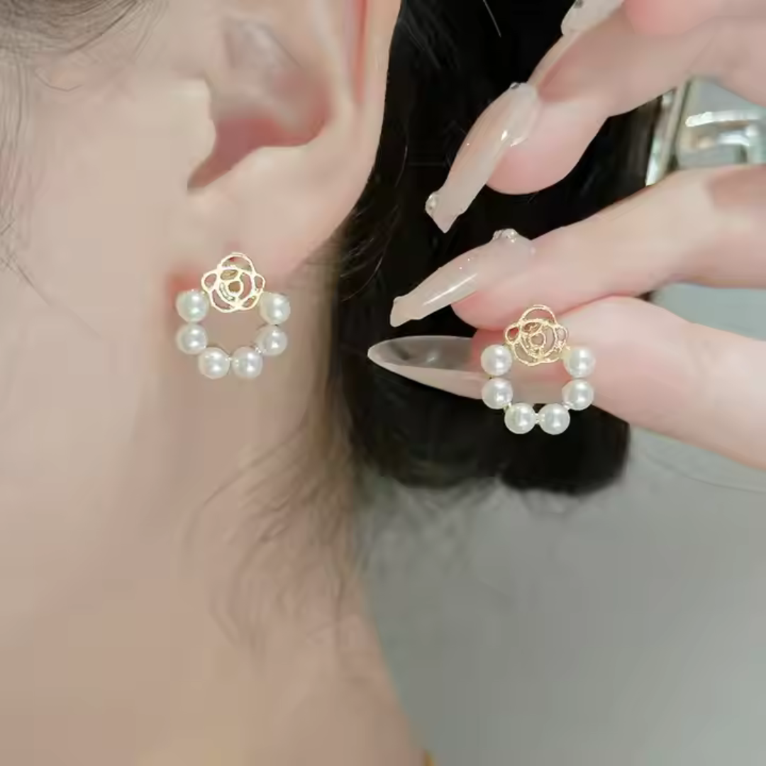 Gold Pearl Petal Huggie Earrings – S925 Silver Needle