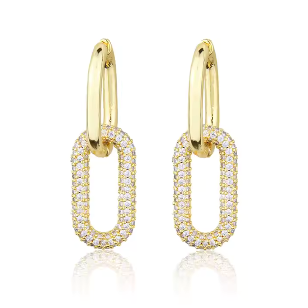 Gold Zircon Link Hoop Earrings - Trendy Geometric Charm