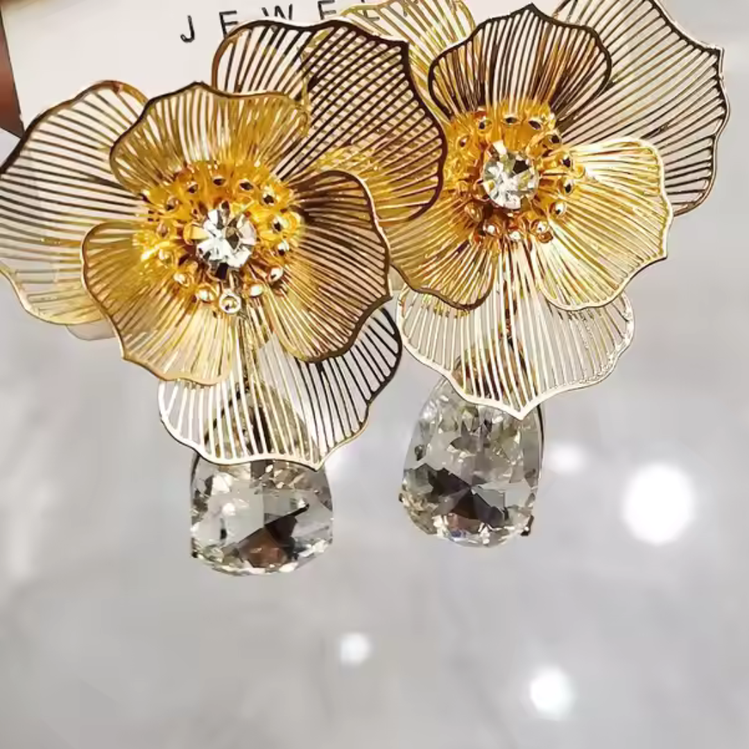 Floral Crystal Statement Drop Earrings - Boho Glam Sparkle