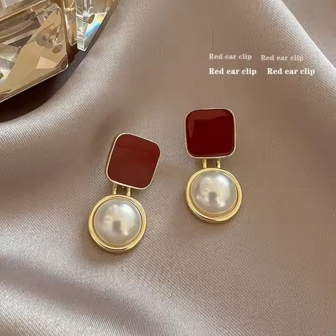 Red & Gold Pearl Vintage Earring Set - Elegant Clip-On Collection
