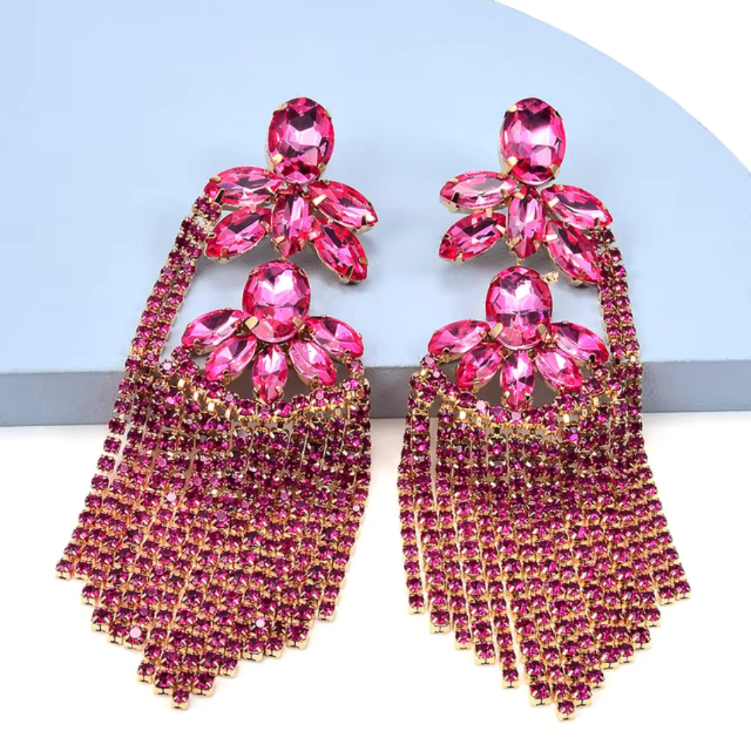 Statement Pink Crystal Drop Earrings - Bold Bohemian Glam