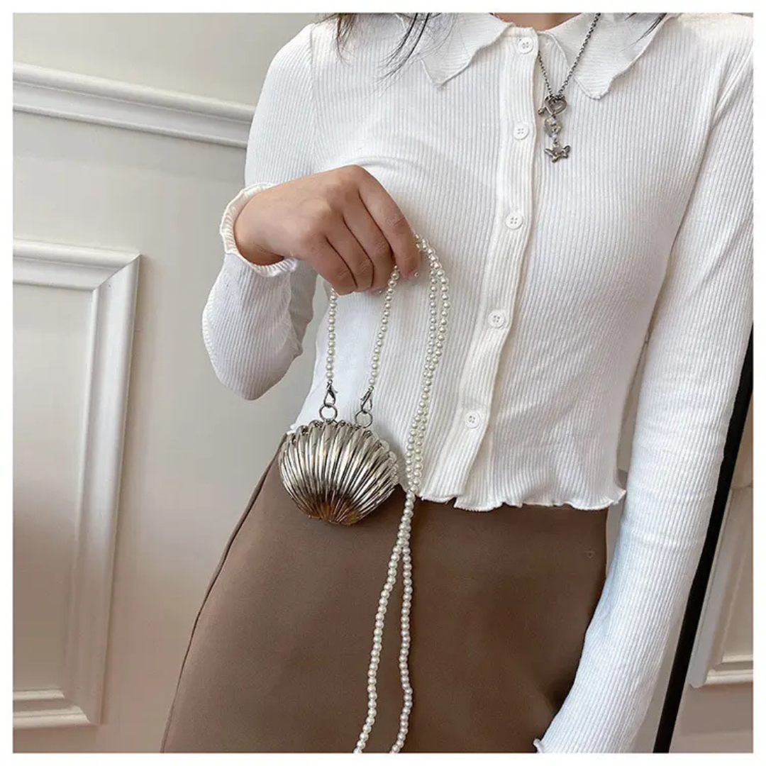 Silver Conch Shell Evening Clutch - Pearl Chain Wedding Purse