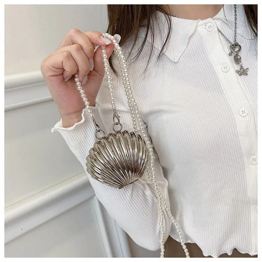 Silver Conch Shell Evening Clutch - Pearl Chain Wedding Purse