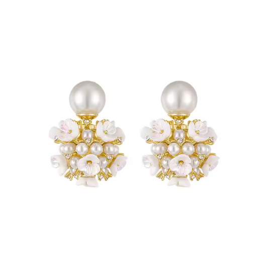 3D Floral Pearl Cluster Stud Earrings - 18K Gold Plated