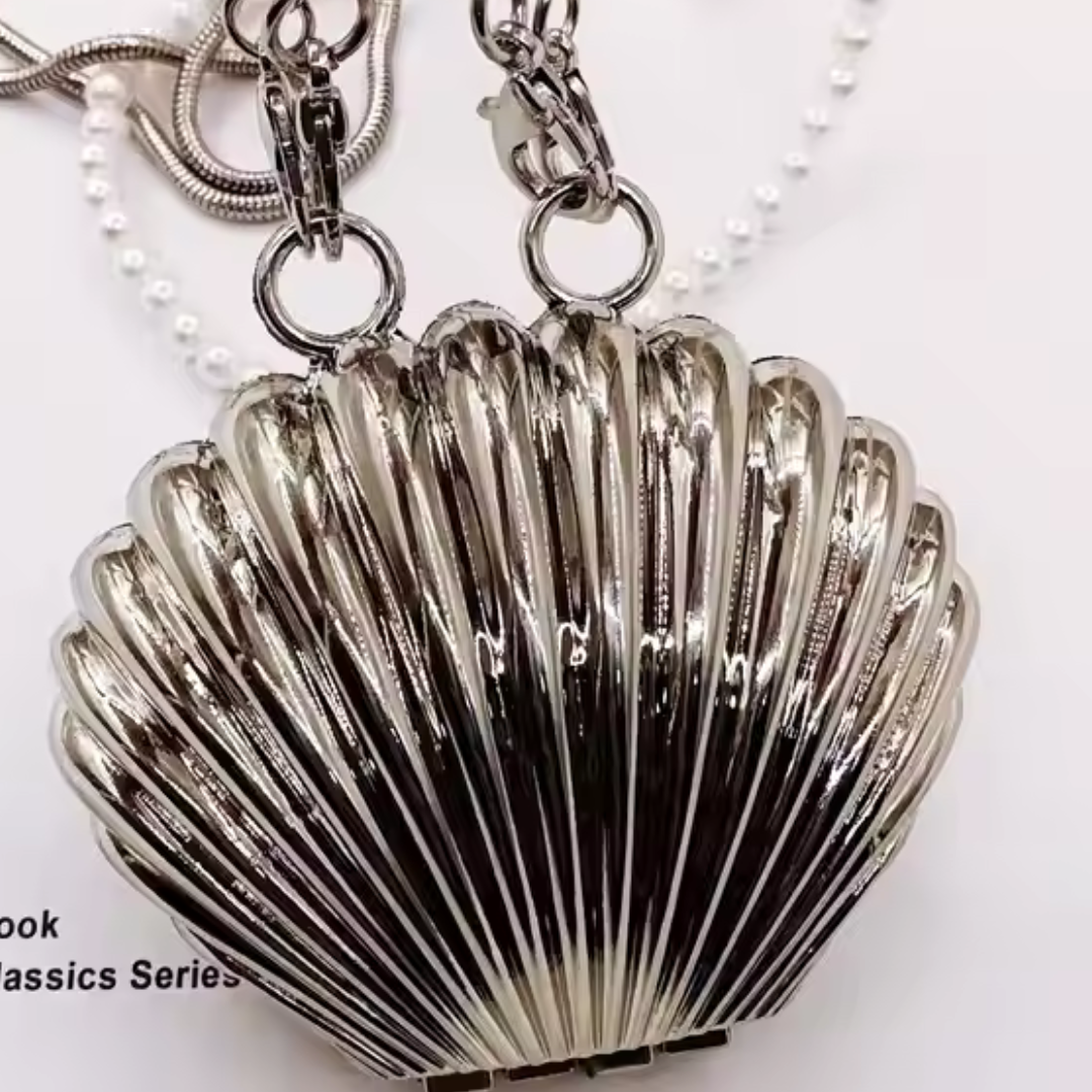 Silver Conch Shell Evening Clutch - Pearl Chain Wedding Purse