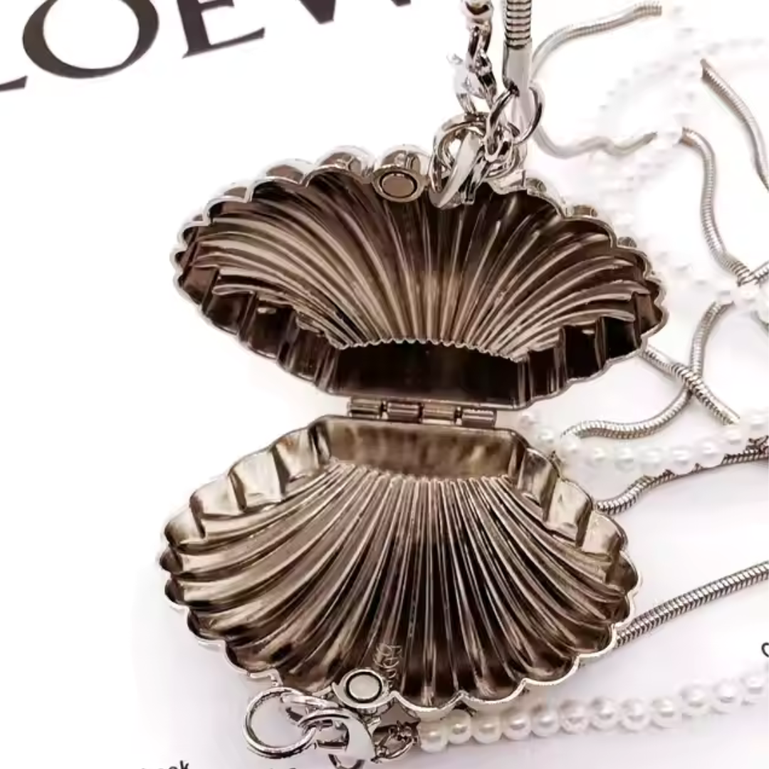 Silver Conch Shell Evening Clutch - Pearl Chain Wedding Purse