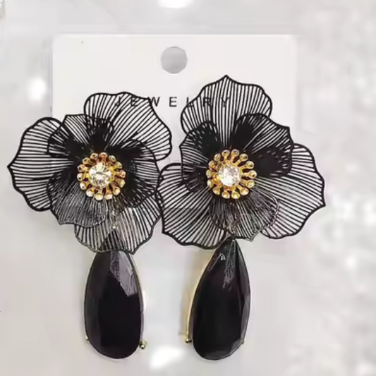 Floral Crystal Statement Drop Earrings - Boho Glam Sparkle