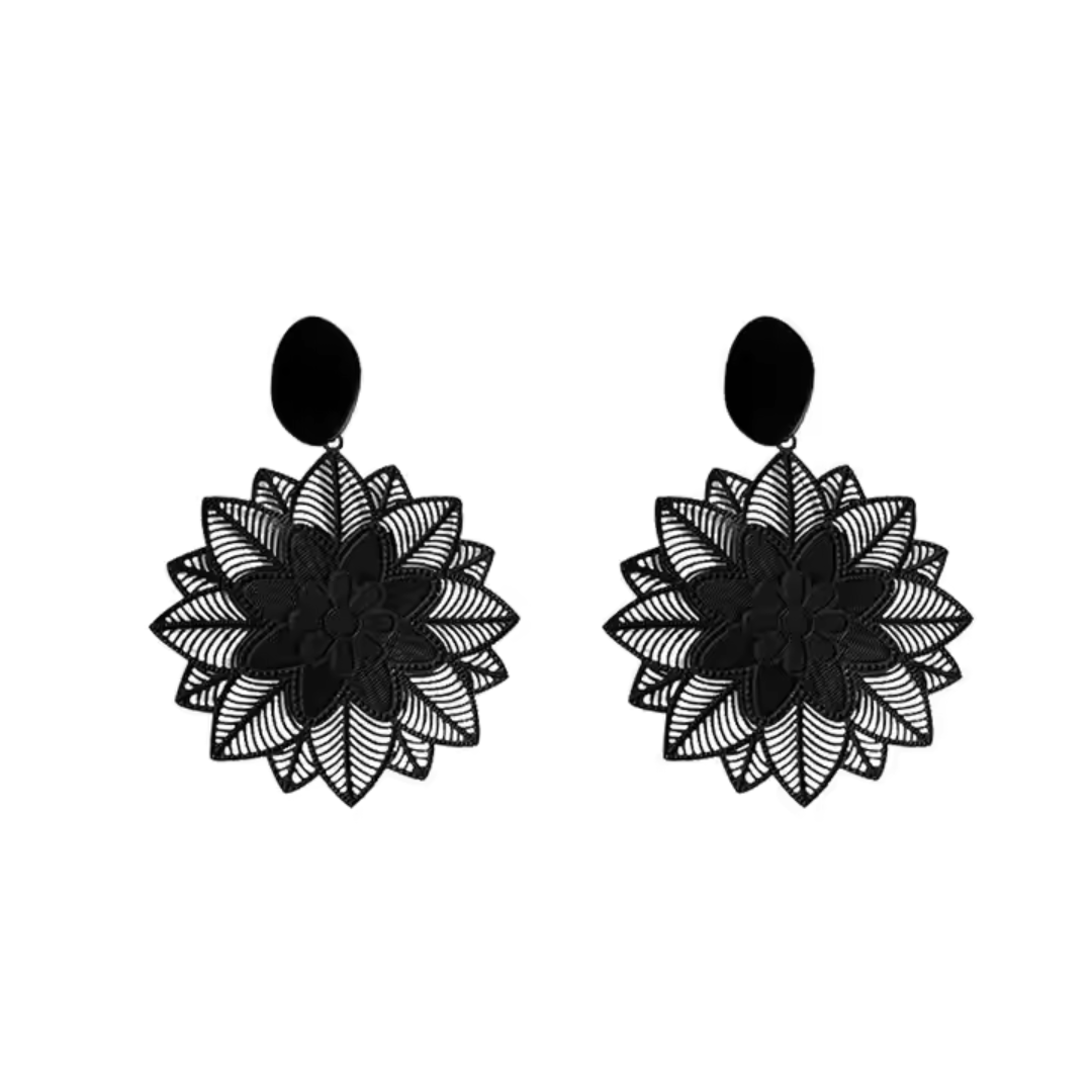 Black Floral Wing Drop Earrings - Zinc Alloy Statement Design