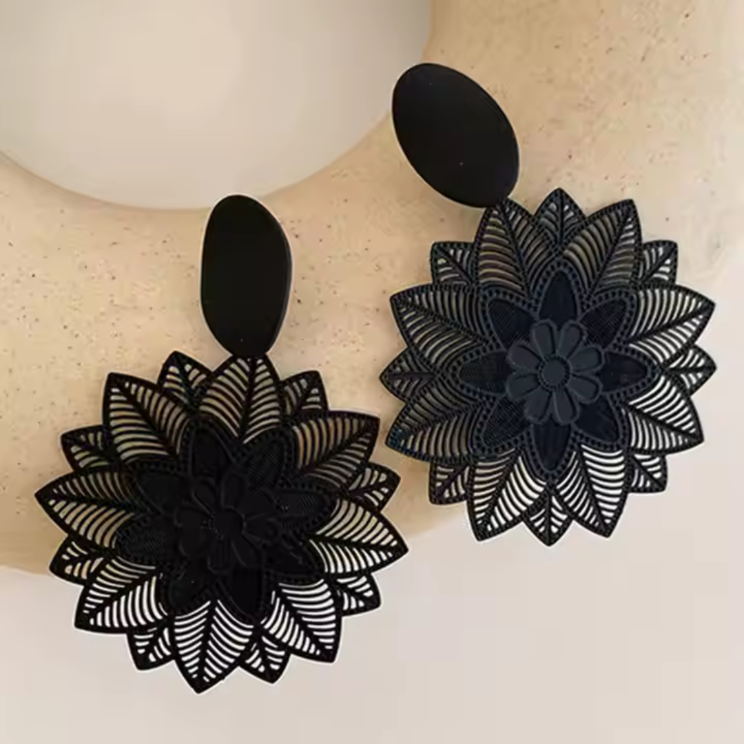 Black Floral Wing Drop Earrings - Zinc Alloy Statement Design