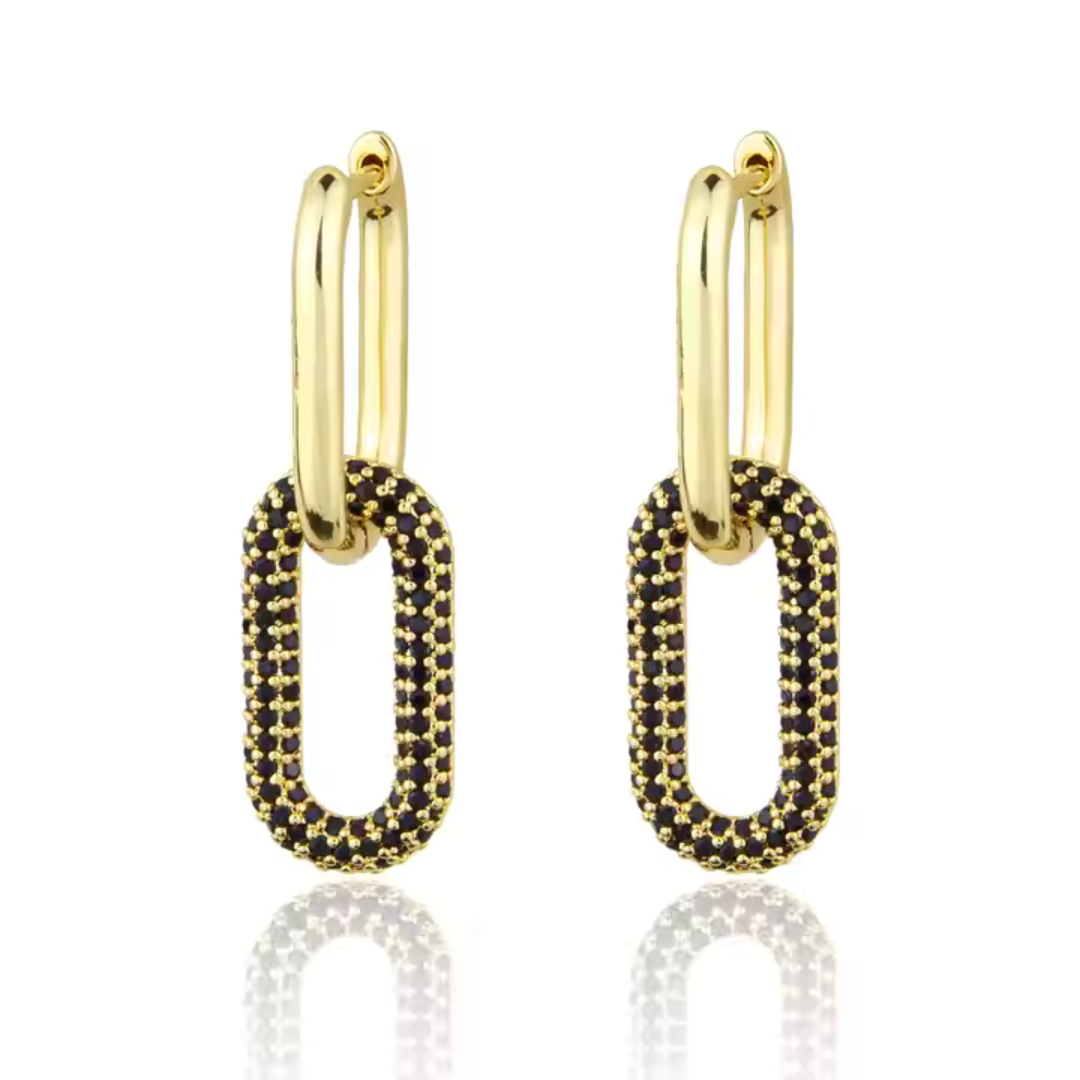 Black Zircon Link Hoop Earrings - Trendy Geometric Charm