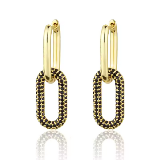 Black Zircon Link Hoop Earrings - Trendy Geometric Charm