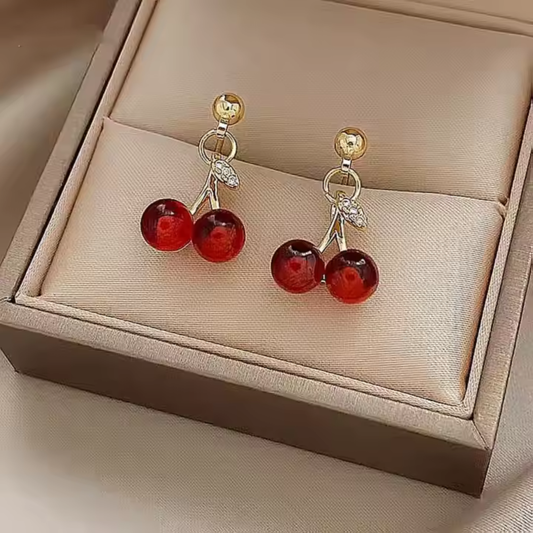 Cherry Fruit Drop Earrings - Playful Red & Gold Dangle