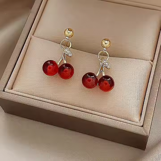 Cherry Fruit Drop Earrings - Playful Red & Gold Dangle