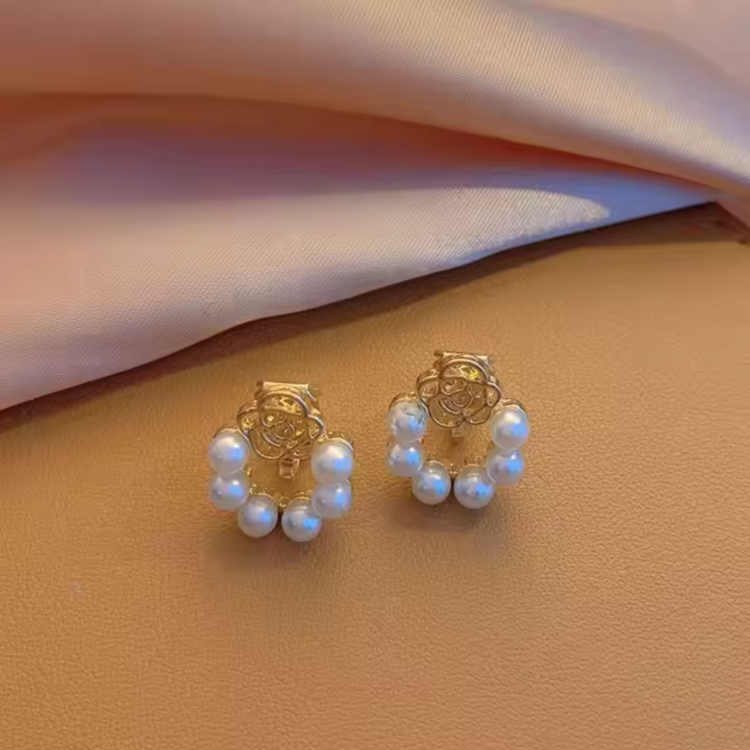 Gold Pearl Petal Huggie Earrings – S925 Silver Needle