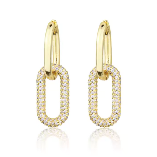 Gold Zircon Link Hoop Earrings - Trendy Geometric Charm