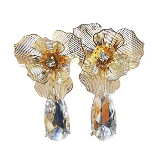 Floral Crystal Statement Drop Earrings - Boho Glam Sparkle