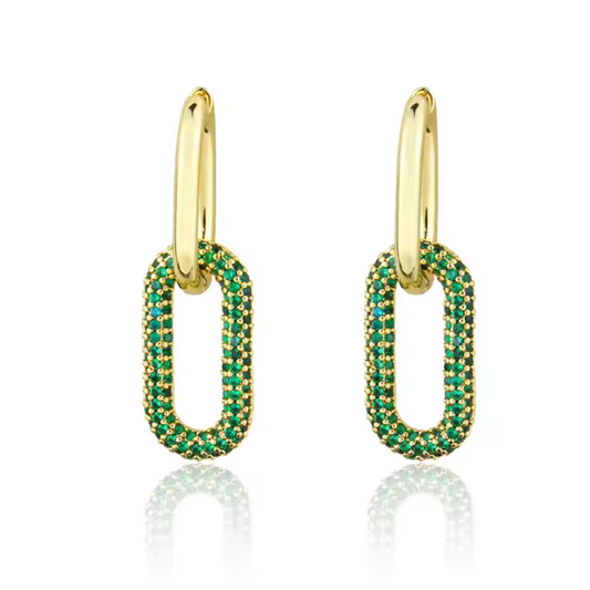 Green Zircon Link Hoop Earrings - Trendy Geometric Charm