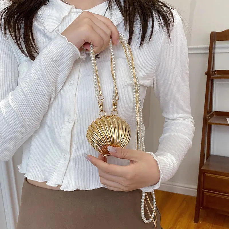 Gold Conch Shell Evening Clutch - Pearl Chain Wedding Purse