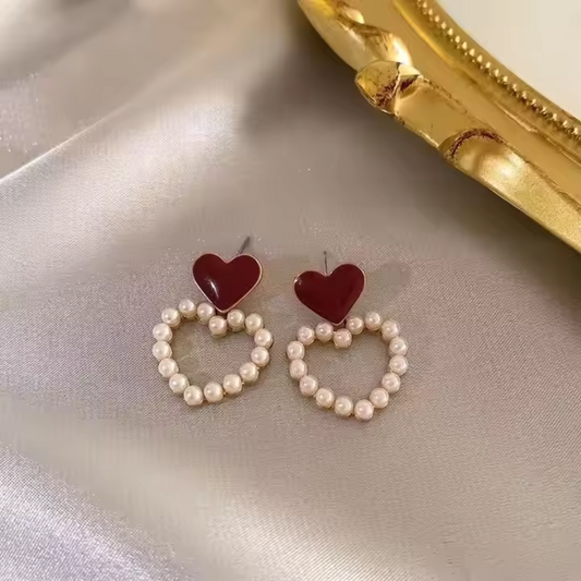 Heart Pearl Drop Earrings – Red & Gold