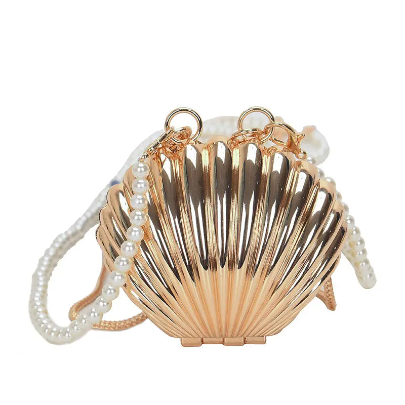 Gold Conch Shell Evening Clutch - Pearl Chain Wedding Purse