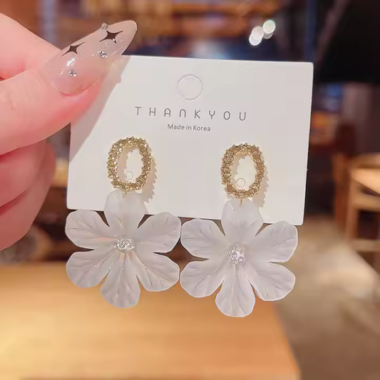Korean White Flower Drop Earrings - Acrylic & Gold Detail