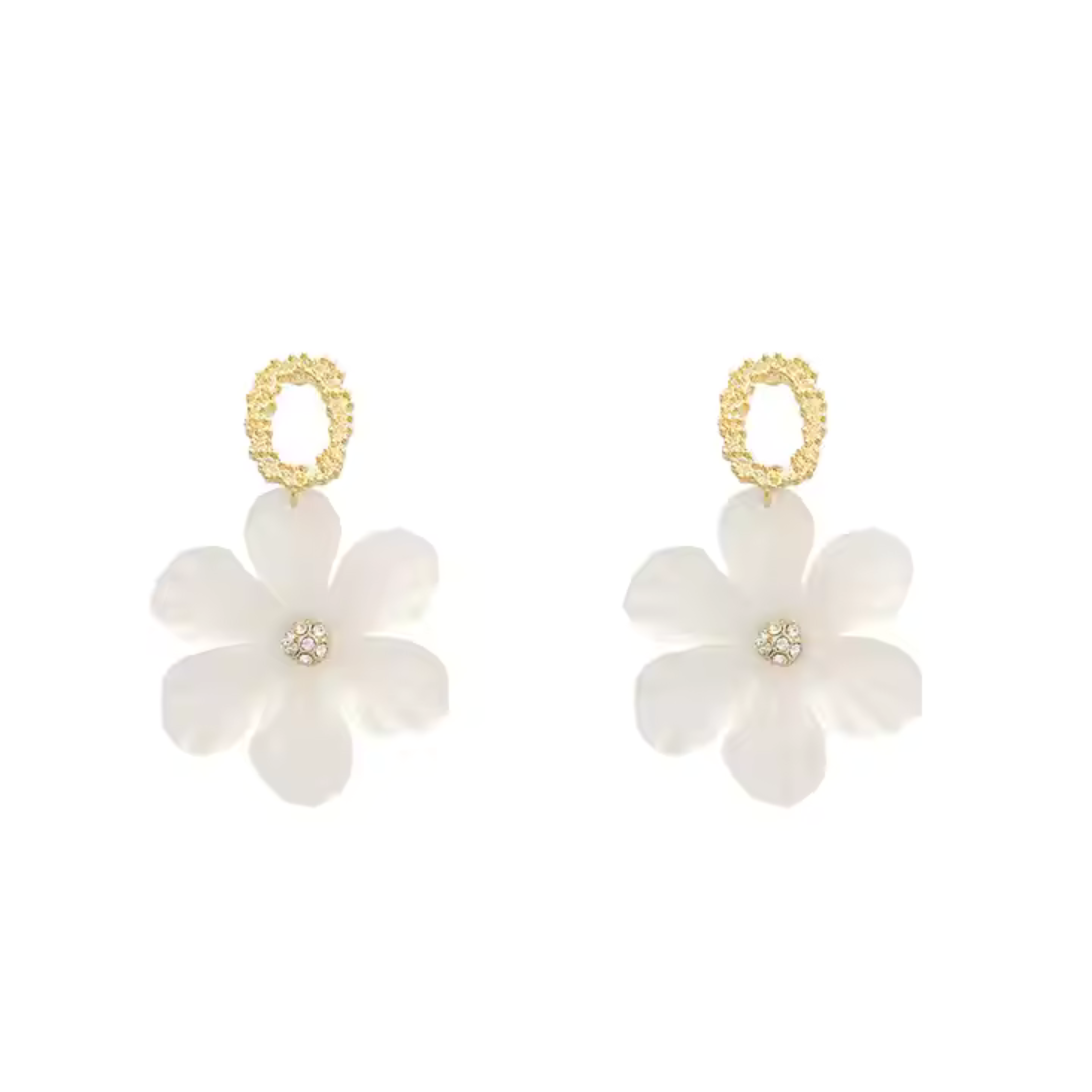 Korean White Flower Drop Earrings - Acrylic & Gold Detail