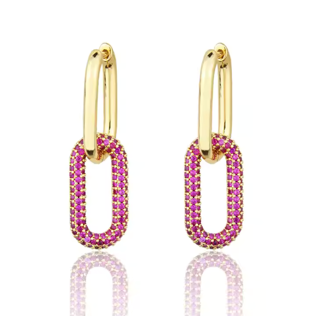 Pink Zircon Link Hoop Earrings - Trendy Geometric Charm