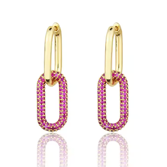 Pink Zircon Link Hoop Earrings - Trendy Geometric Charm
