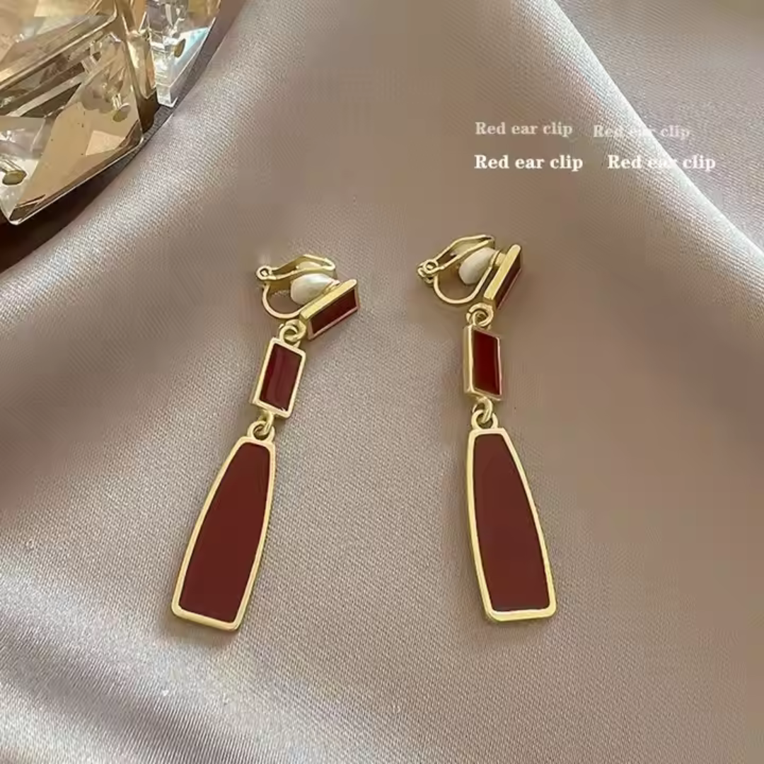 Red & Gold Pearl Vintage Earring Set - Elegant Clip-On Collection