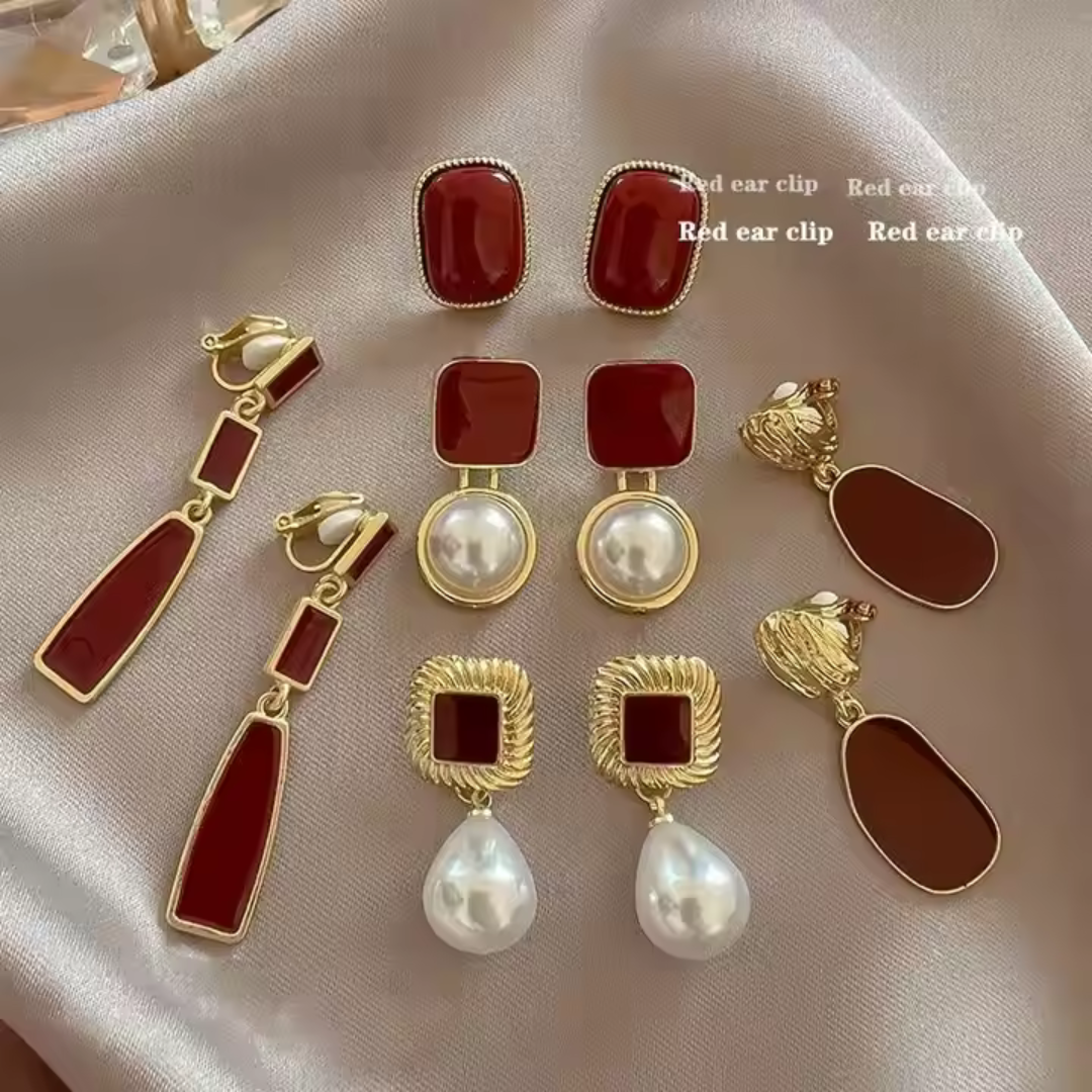 Red & Gold Pearl Vintage Earring Set - Elegant Clip-On Collection