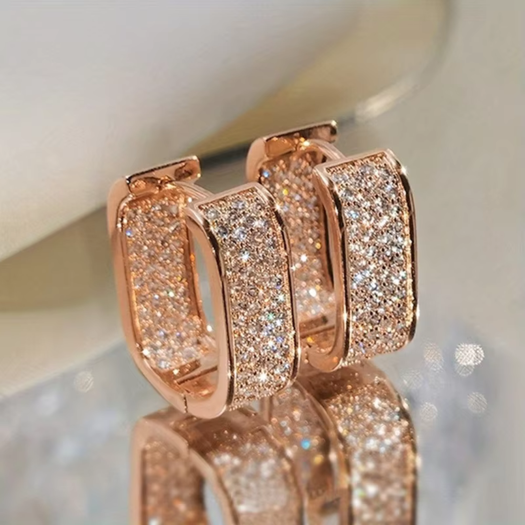 Square Paved Zircon Rose Gold Hoop Earrings - Luxe Radiance