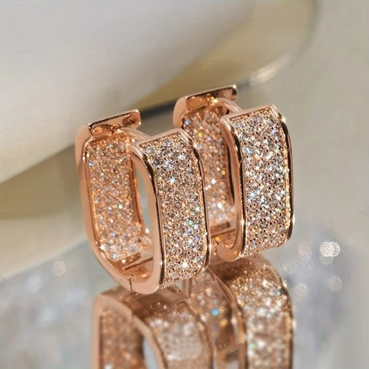 Square Paved Zircon Rose Gold Hoop Earrings - Luxe Radiance