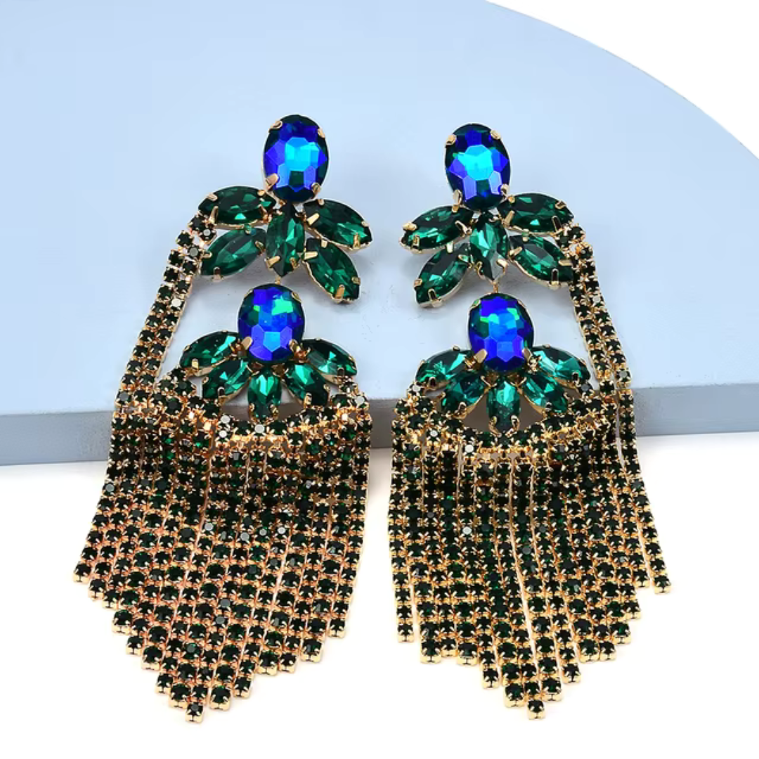 Statement Emerald Green Crystal Drop Earrings - Bold Bohemian Glam