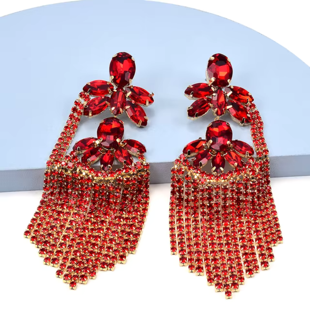 Statement Red Crystal Drop Earrings - Bold Bohemian Glam