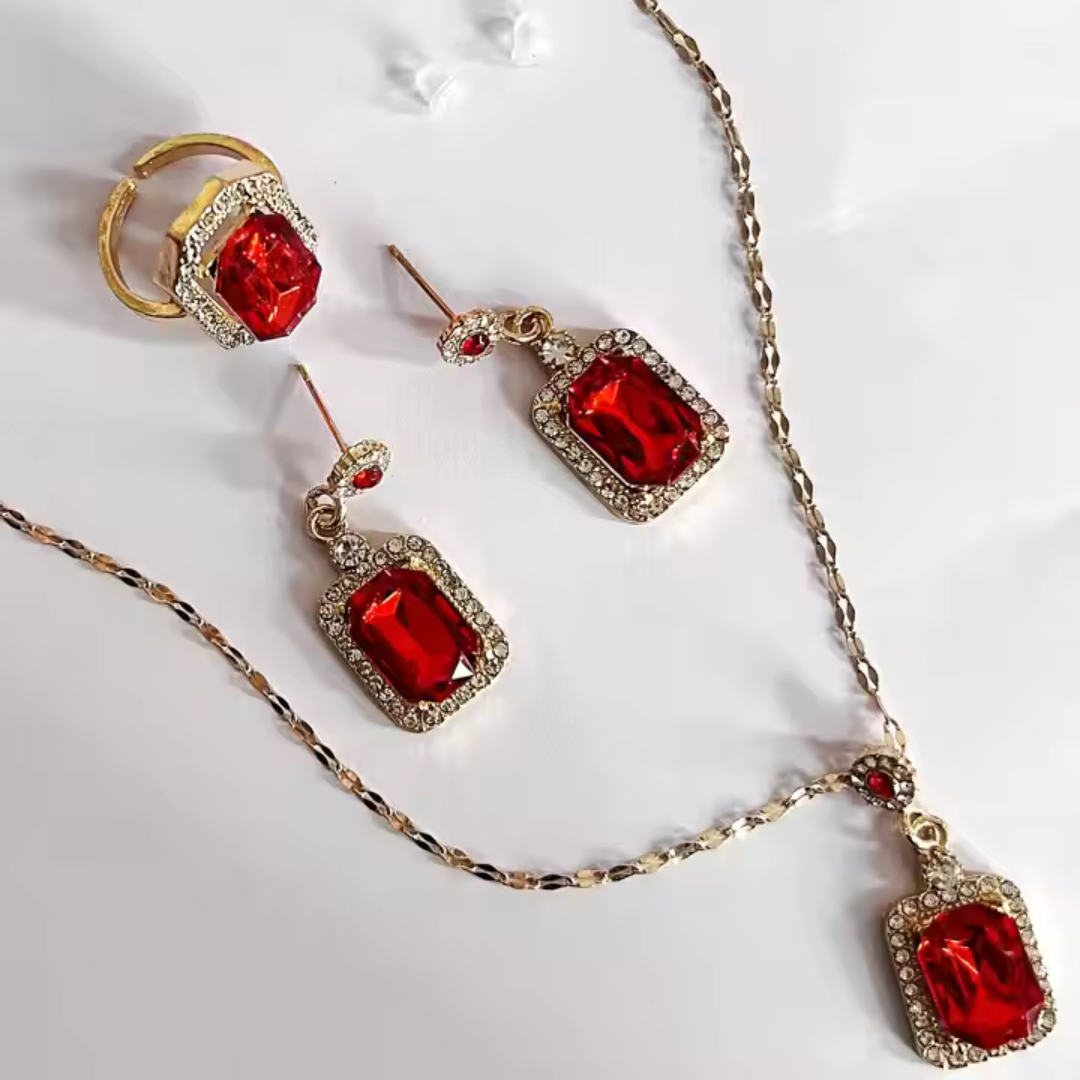Vintage Emerald Red Jewelry Set - Necklace, Earrings & Ring