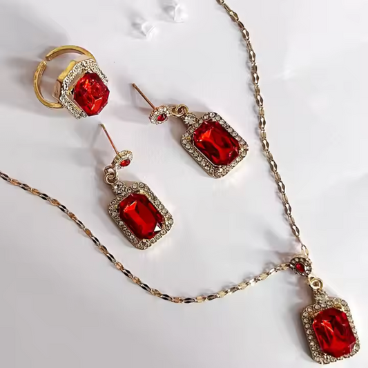 Vintage Emerald Red Jewelry Set - Necklace, Earrings & Ring