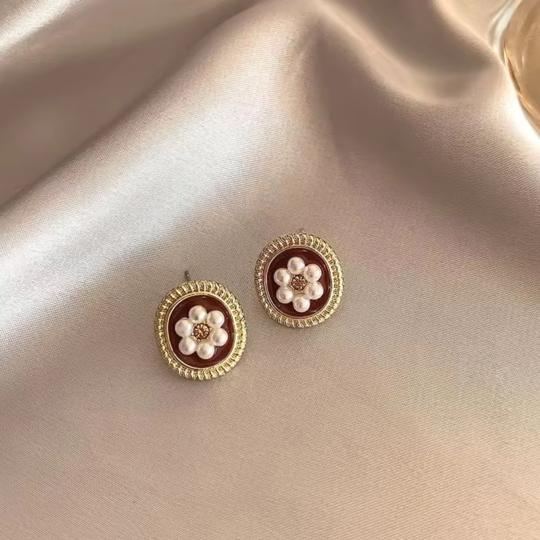 Vintage Floral Pearl Huggie Earrings – S925 Silver Needle