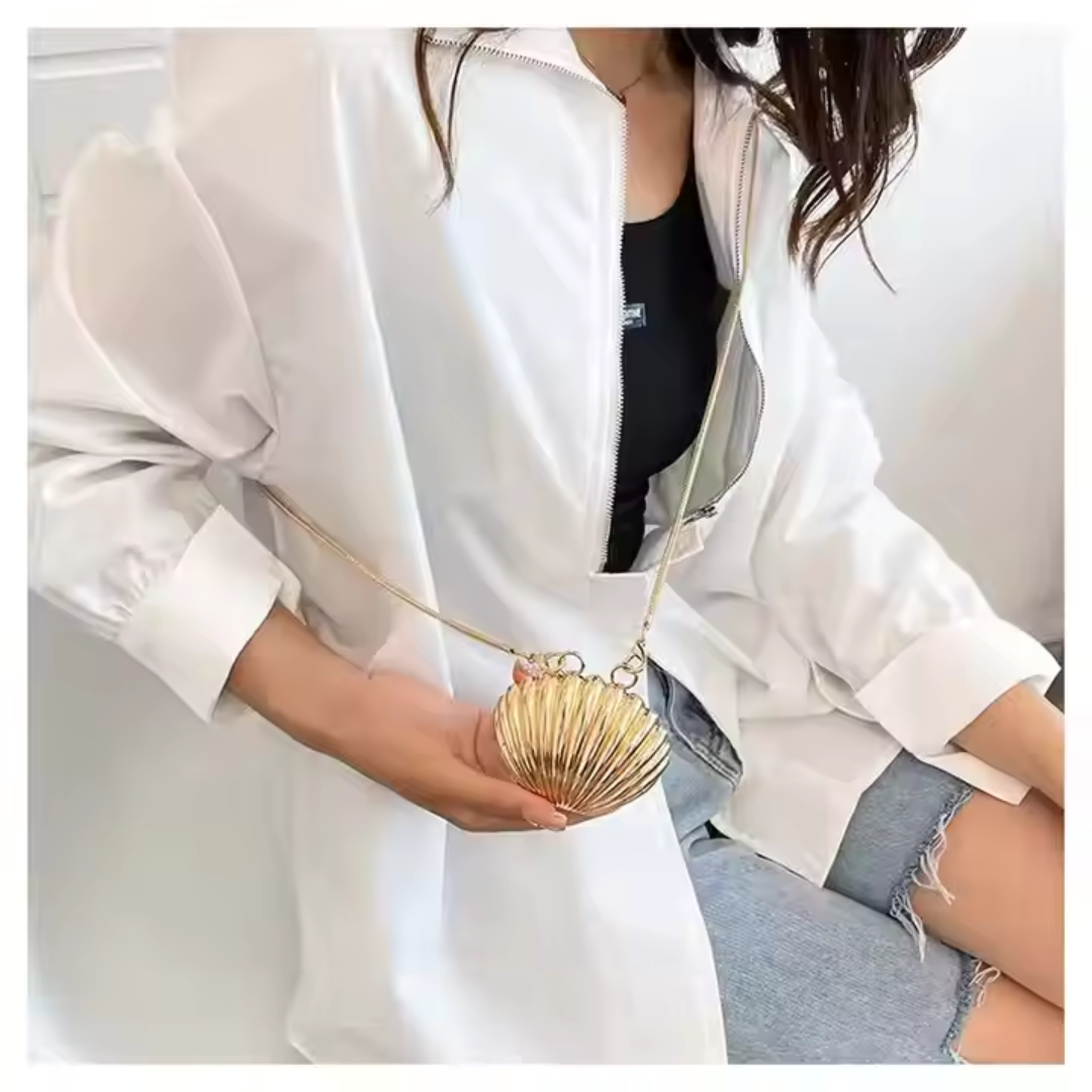 Gold Conch Shell Evening Clutch - Pearl Chain Wedding Purse