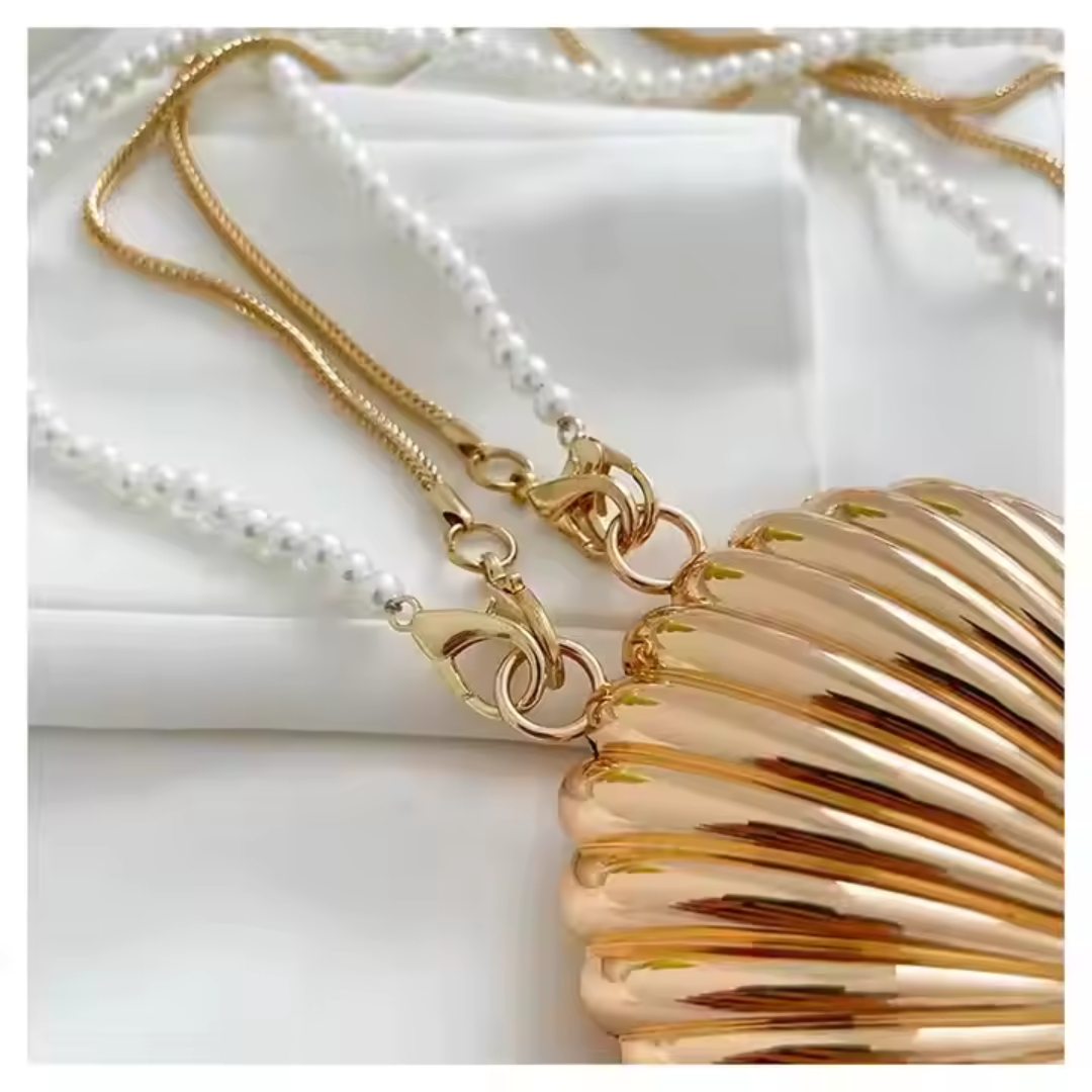 Gold Conch Shell Evening Clutch - Pearl Chain Wedding Purse