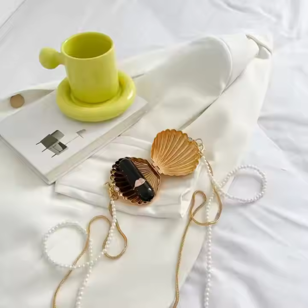 Gold Conch Shell Evening Clutch - Pearl Chain Wedding Purse